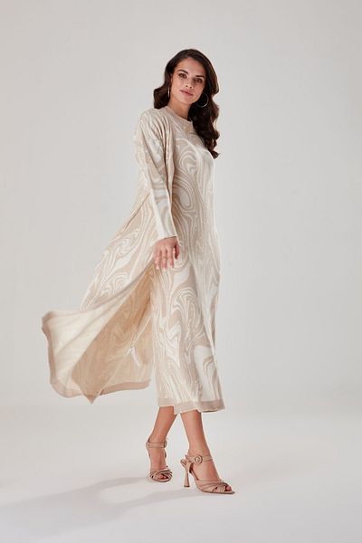 Mizalle Marble Patterned Beige Long Knitwear Cardigan
