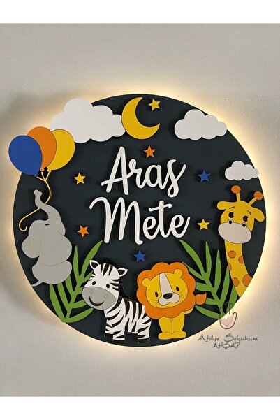 Atölye Selçukum Hayvanlı Daire Işıklı Ahşap Bebek Kapı Süsü Atölye Selçukum