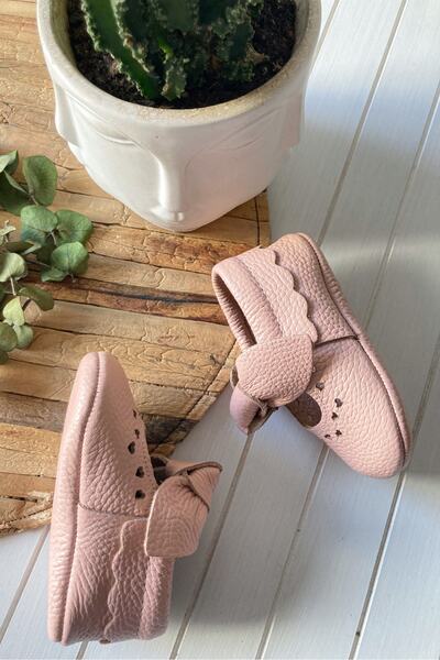 Li Puna - Kalp Detaylı Pembe Luz Hakiki Deri Bebek Ayakkabısı