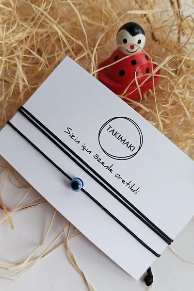 TAKIMAKI Black Thread and Round Evil Eye Bead Lucky Bracelet Lover Friend Bracelet 2 Pieces