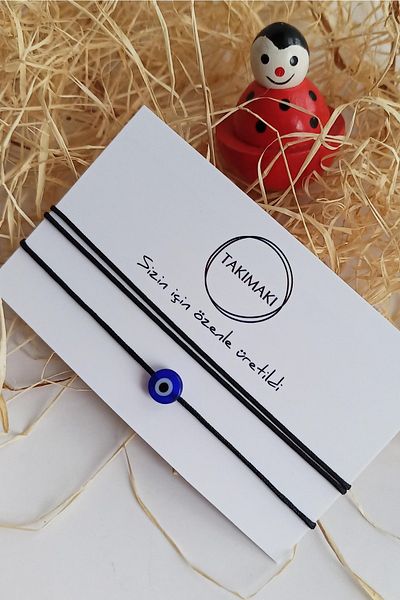 TAKIMAKI Black Thread and Flat Glass Evil Eye Bead Lucky Bracelet Lover Friend Bracelet 2 Pieces