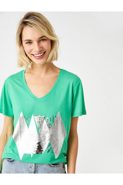 Koton Tricou cu paiete imprimat cu decolteu in V