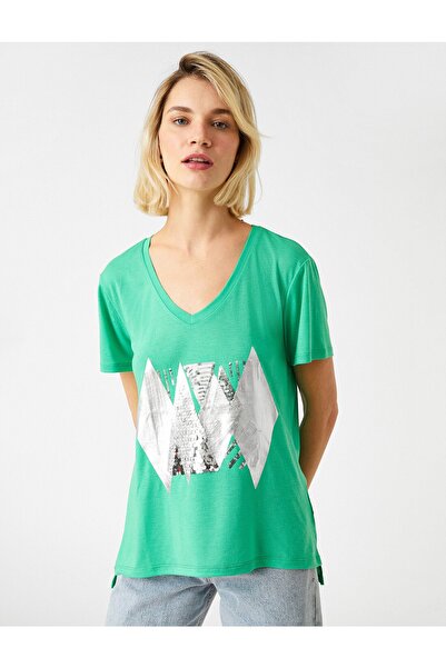 Koton Tričko s potištěným flitrovým výstřihem do V