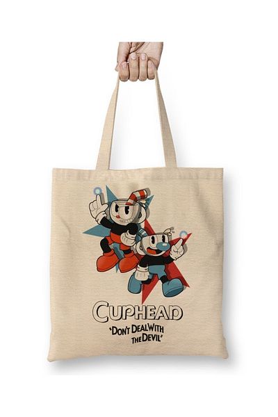 Baskı Dükkanı Υφασμάτινη τσάντα Cuphead And Mugman με μακριά λαβή
