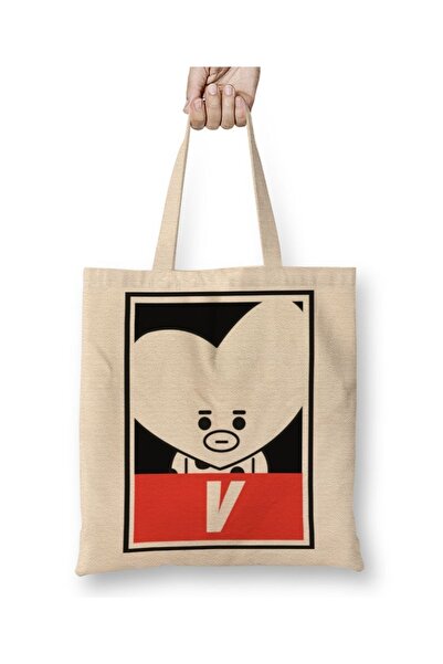 Baskı Dükkanı Bt21 V Bts Bez Çanta Uzun Saplı
