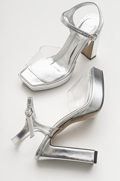 Luvi Pantofi cu toc de damă din piele de argint vin transparent