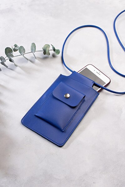 DK LEATHER Синя сумка на ремінці через плече для маленького телефону / Сумка для прогулянок, сумісна з усіма телефонами