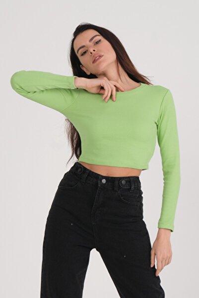 PUNKY CAT Women's Pistachio Green Long Sleeve Ribbed Blouse Crop Knitted T-Shirt