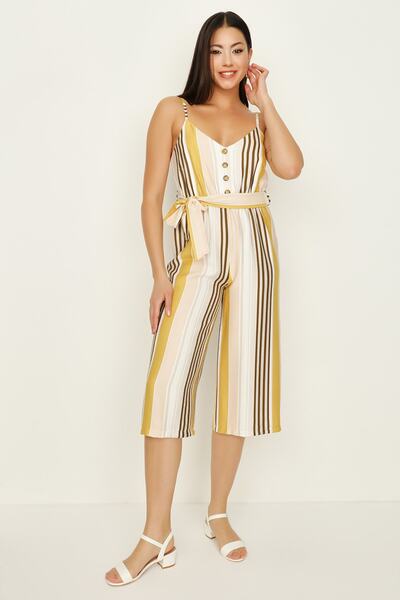 Select Moda Γυναικεία φόρμα με ρίγες μουστάρδας με κουμπιά μπροστά και ζώνη