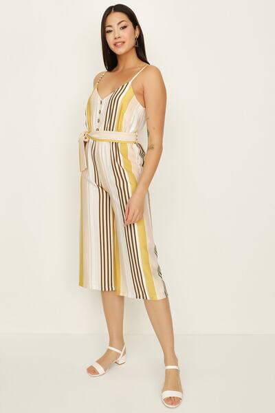 Select Moda Γυναικεία φόρμα με ρίγες μουστάρδας με κουμπιά μπροστά και ζώνη