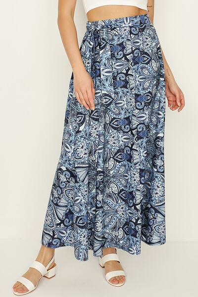 Select Moda Kadın Mavi Etnik Desenli Kuşaklı Volanlı Uzun Etek