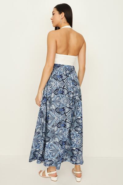 Select Moda Kadın Mavi Etnik Desenli Kuşaklı Volanlı Uzun Etek