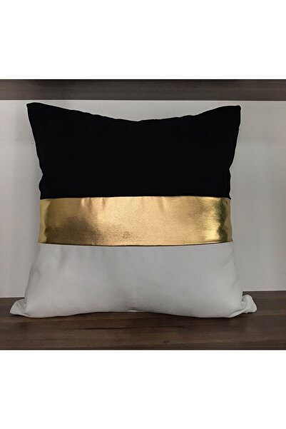 KIRLENTİM Ασπρόμαυρη Μαξιλαροθήκη με Λεπτή Χρυσή Ταινία στο Μεσαίο Εγκάρσιο