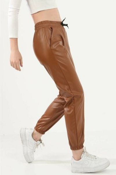 shopshop Women's Tan Elastic Leg Faux Leather Trousers Jogger