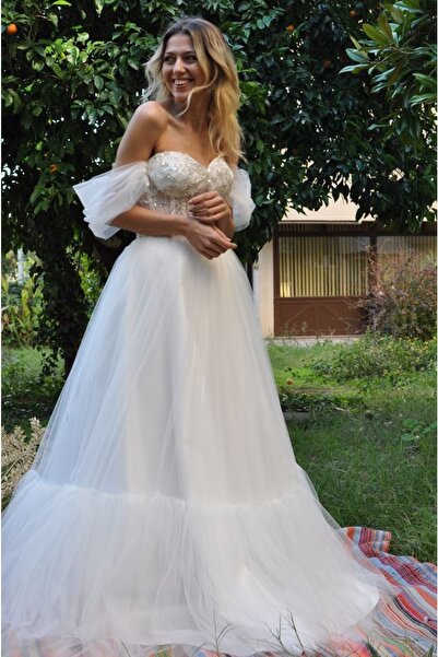 atölye nini Diana Krom Dantel İşlemeli Transparan Beden Detaylı Tasarım Gelinlik