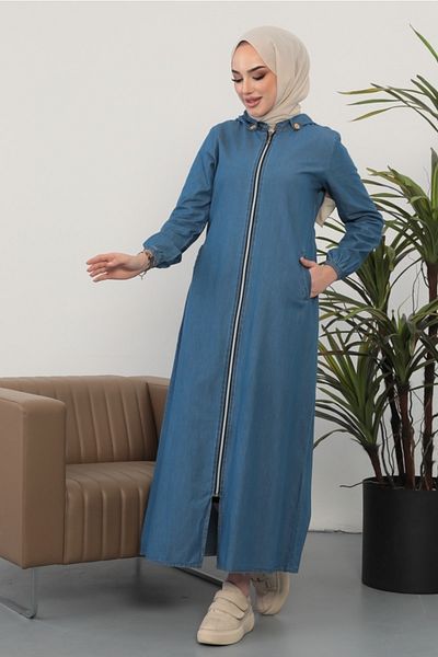 Bestenur Τζιν Καπάκι Hijab με φερμουάρ σε όλο το μήκος με διπλή τσέπη 223 γαλάζιο