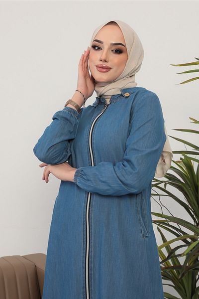 Bestenur Τζιν Καπάκι Hijab με φερμουάρ σε όλο το μήκος με διπλή τσέπη 223 γαλάζιο