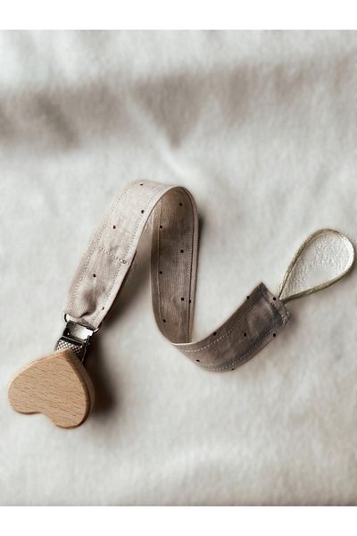 GOER STORE Natural Wooden Heart Detailed Cappuccino Polka Dot 100% Cotton Fabric Baby Pacifier Strap