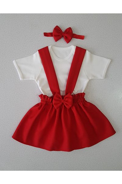 Yumurcak Red Crepe Dress Bandana and Short Sleeve Badi Set
