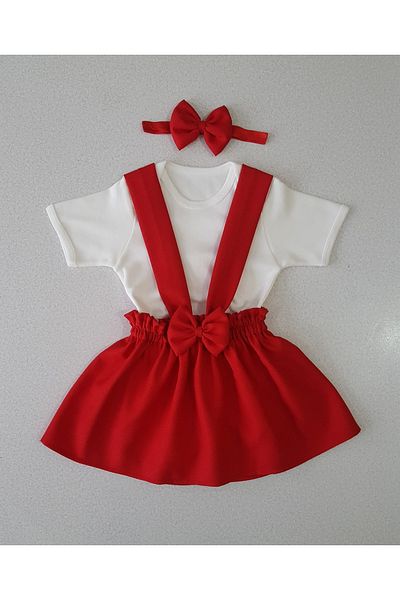 Yumurcak Red Crepe Dress Bandana and Short Sleeve Badi Set