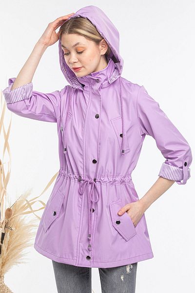 fehika Lilac Short Waist Lace up Hooded Lined Ultra Light Trench Coat Raincoat with Water Repellent Features