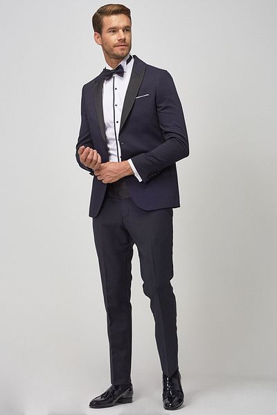 ALTINYILDIZ CLASSICS Men's Navy Blue-Black Slim Fit Patterned Tuxedo Groom Suit