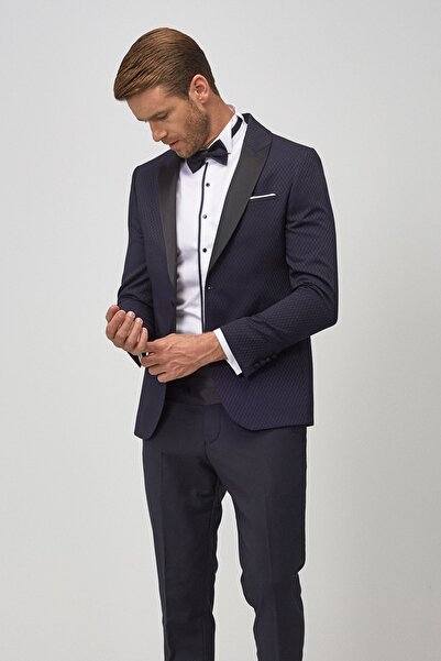 ALTINYILDIZ CLASSICS Men's Navy Blue-Black Slim Fit Patterned Tuxedo Groom Suit