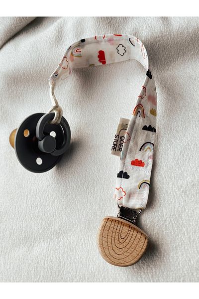 GOER STORE Natural Wooden Rainbow Detailed 100% Cotton Fabric Pacifier Strap