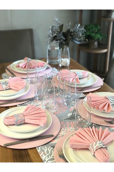 desen izmir American Service, Pink Coral 6 Plates, 6 Napkins, 6 Napkin Rings and Runner Tk4