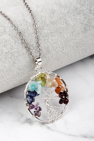 Armis Wire Wrapped 7 Chakra Tree of Life Natural Stone Pendant