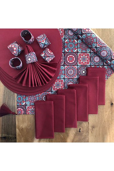 desen izmir American Service, Χριστουγεννιάτικο τραπέζι, Claret Red Ceramic 6 πιάτα, 6 χαρτοπετσέτες 6 δαχτυλίδια χαρτοπετσέτας και Runner Tk4