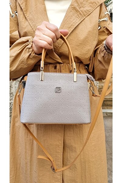 Just Polo Women's Gray Tan Embossed Printed Just & Polo Patterned Zipper Closure Shoulder and Hand Bag
