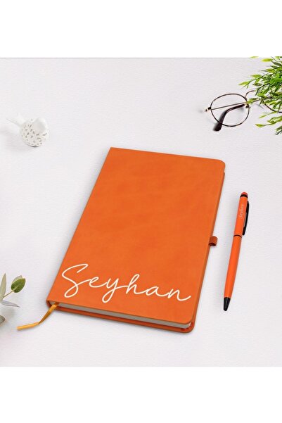 Bk Gift Özel El Yazılı Turuncu Termo Deri Defter Kalem Seti Model 1