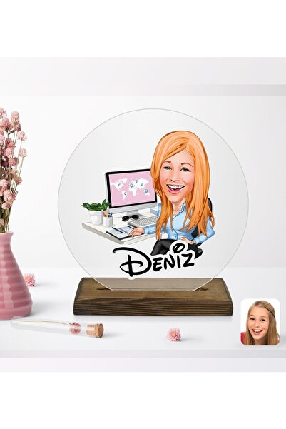Bk Gift Kişiye Özel Kadın Genel Müdür Karikatürlü Yuvarlak Ahşap Standlı Biblo-1