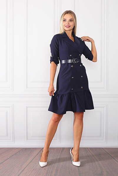 etselements Γυναικείο φόρεμα γραφείου με μπλε ναυτικό ζωσμένο με τσέπη και λεπτομέρεια με κουμπιά