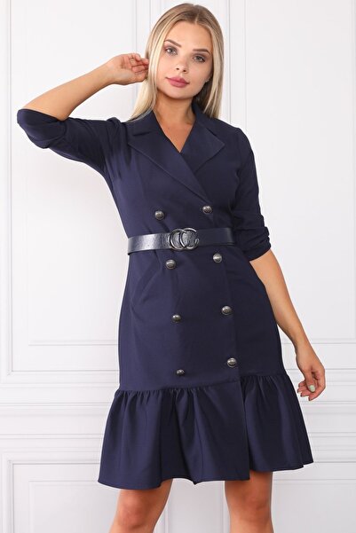 etselements Γυναικείο φόρεμα γραφείου με μπλε ναυτικό ζωσμένο με τσέπη και λεπτομέρεια με κουμπιά