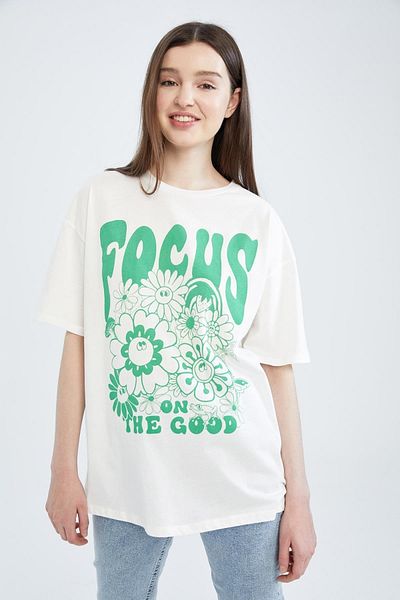 DeFacto Футболка з принтом з коротким рукавом Coool Oversize Fit Crew Neck з коротким рукавом 100 бавовна Tisort
