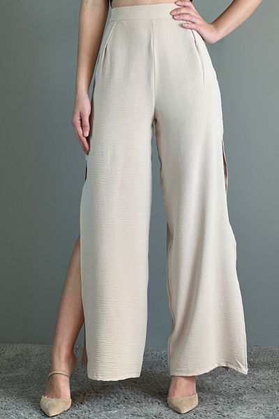 Jaglion High Waist Women's Beige Trousers with Side Slits