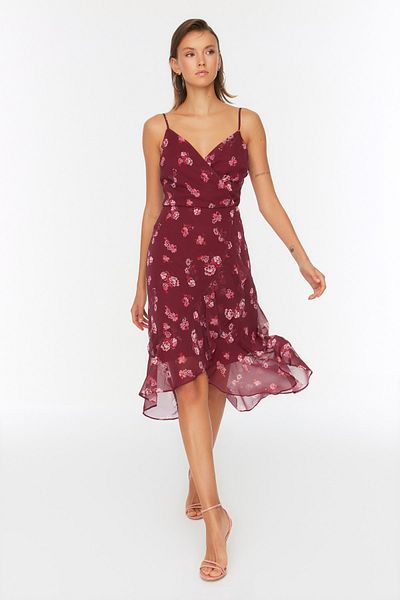 Trendyol Collection Rochie țesută cu căptușeală midi, guler cu dublu piept, cu model patinator/deschidere în talie TWOSS21EL2141