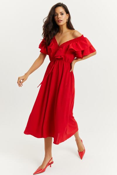 Cool & Sexy Women's Red Front Back V Flounce Dress KS113