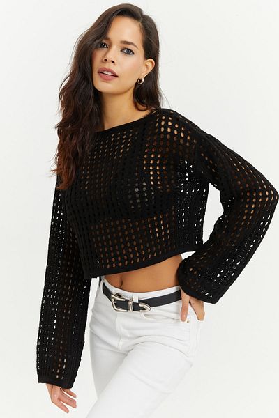 Cool & Sexy Schwarze durchbrochene Strick-Kurzbluse mit spanischen Ärmeln für Damen SMT181