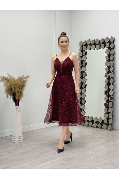 giyimmasalı Floral Glitter Printed Midi Dress - Claret Red