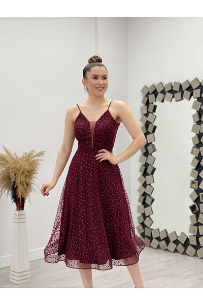 giyimmasalı Floral Glitter Printed Midi Dress - Claret Red