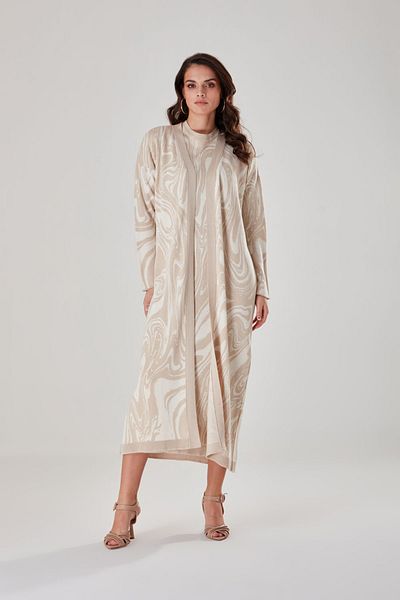 Mizalle Marble Patterned Beige Long Knitwear Cardigan