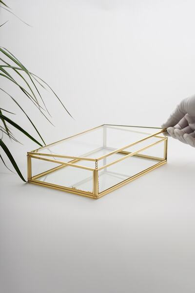 El Crea Designs 25x15x6cm Pirinç Gold Cam Kapaklı Kutu Çikolata Takı Aksesuar...