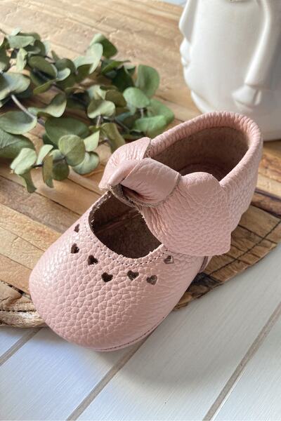 Li Puna - Kalp Detaylı Pembe Luz Hakiki Deri Bebek Ayakkabısı