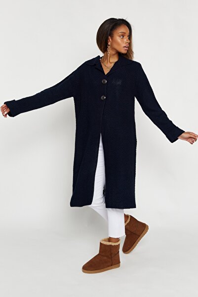Hopoi Жіночий темно-синій кардиган з коміром-стійкою та ґудзиками 40002