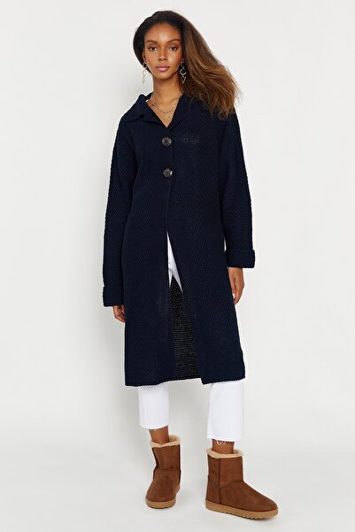 Hopoi Жіночий темно-синій кардиган з коміром-стійкою та ґудзиками 40002