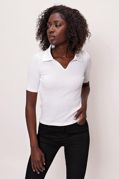 CHUBA Women's Polo Collar Ribbed Thin Knitwear Sweater Ecru 22sw308