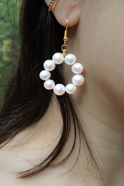 bueistanbul Women's Handmade Dangle Round Pearl Earrings